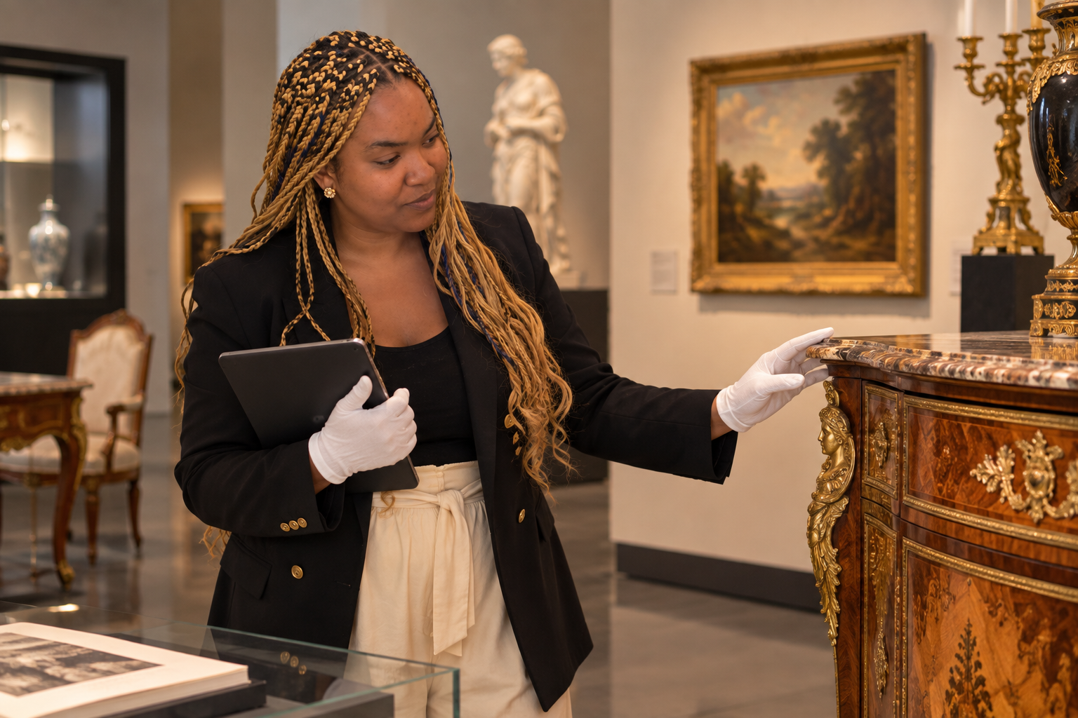 Kristin examining decorative furniture in a gallery environment
