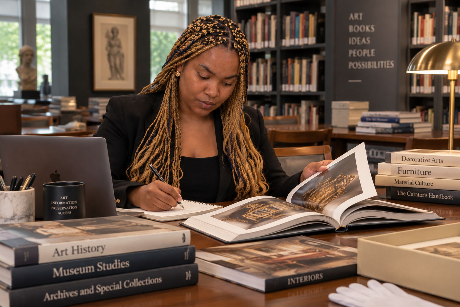 Kristin researching in an art library